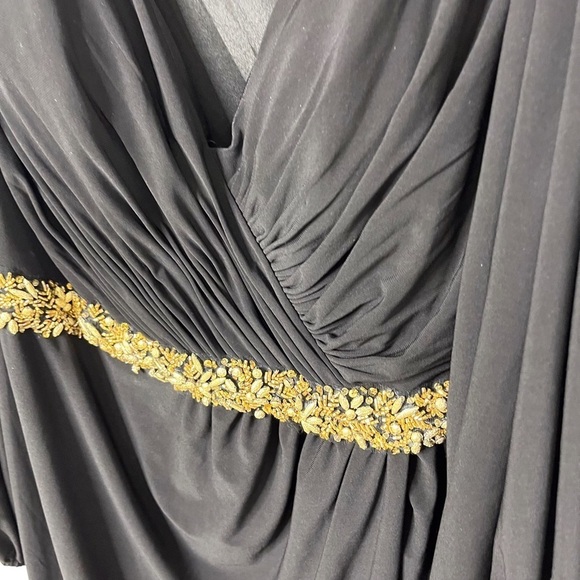 Mac Duggal Jersey V Neck Maxi Dress Gold Beaded Size 20 Leg Slit Formal - Picture 7 of 12